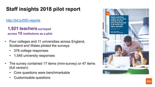 Staff insights 2018 pilot report
http://bit.ly/DEI-reports
• Four colleges and 11 universities across England,
Scotland and Wales piloted the surveys
• 376 college responses
• 1,545 university responses
• The survey contained 17 items (mini-survey) or 47 items
(full version)
• Core questions were benchmarkable
• Customisable questions
1,921 teachers surveyed
across 15 institutions as a pilot
 
