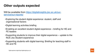 Other outputs expected
•Exploring the student digital experience: student, staff and
organisational factors
•Digital learn...