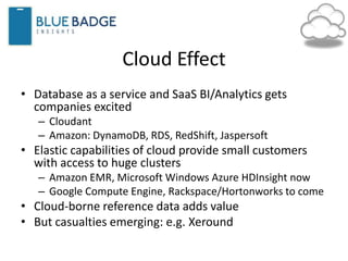 Cloud Effect
• Database as a service and SaaS BI/Analytics gets
companies excited
– Cloudant
– Amazon: DynamoDB, RDS, RedShift, Jaspersoft
• Elastic capabilities of cloud provide small customers
with access to huge clusters
– Amazon EMR, Microsoft Windows Azure HDInsight now
– Google Compute Engine, Rackspace/Hortonworks to come
• Cloud-borne reference data adds value
• But casualties emerging: e.g. Xeround
 