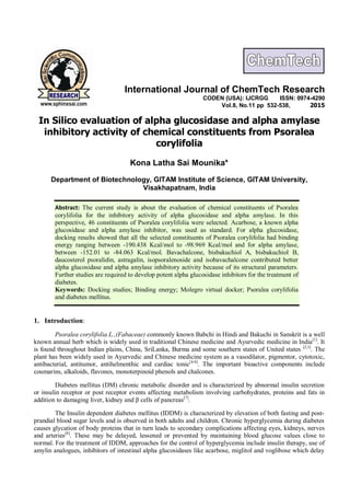 In Silico evaluation of alpha glucosidase and alpha amylase
inhibitory activity of chemical constituents from Psoralea
corylifolia
Kona Latha Sai Mounika*
Department of Biotechnology, GITAM Institute of Science, GITAM University,
Visakhapatnam, India
Abstract: The current study is about the evaluation of chemical constituents of Psoralea
corylifolia for the inhibitory activity of alpha glucosidase and alpha amylase. In this
perspective, 46 constituents of Psoralea corylifolia were selected. Acarbose, a known alpha
glucosidase and alpha amylase inhibitor, was used as standard. For alpha glucosidase,
docking results showed that all the selected constituents of Psoralea corylifolia had binding
energy ranging between -190.438 Kcal/mol to -98.969 Kcal/mol and for alpha amylase,
between -152.01 to -84.063 Kcal/mol. Bavachalcone, bisbakuchiol A, bisbakuchiol B,
daucosterol psoralidin, astragalin, isopsoralenoside and isobavachalcone contributed better
alpha glucosidase and alpha amylase inhibitory activity because of its structural parameters.
Further studies are required to develop potent alpha glucosidase inhibitors for the treatment of
diabetes.
Keywords: Docking studies; Binding energy; Molegro virtual docker; Psoralea corylifolia
and diabetes mellitus.
1. Introduction:
Psoralea corylifolia L.,(Fabaceae) commonly known Babchi in Hindi and Bakuchi in Sanskrit is a well
known annual herb which is widely used in traditional Chinese medicine and Ayurvedic medicine in India[1]
. It
is found throughout Indian plains, China, SriLanka, Burma and some southern states of United states [2,3]
. The
plant has been widely used in Ayurvedic and Chinese medicine system as a vasodilator, pigmentor, cytotoxic,
antibacterial, antitumor, antihelmenthic and cardiac tonic[4-6]
. The important bioactive components include
coumarins, alkaloids, flavones, monoterpinoid phenols and chalcones.
Diabetes mellitus (DM) chronic metabolic disorder and is characterized by abnormal insulin secretion
or insulin receptor or post receptor events affecting metabolism involving carbohydrates, proteins and fats in
addition to damaging liver, kidney and β cells of pancreas[7]
.
The Insulin dependent diabetes mellitus (IDDM) is characterized by elevation of both fasting and post-
prandial blood sugar levels and is observed in both adults and children. Chronic hyperglycemia during diabetes
causes glycation of body proteins that in turn leads to secondary complications affecting eyes, kidneys, nerves
and arteries[8]
. These may be delayed, lessened or prevented by maintaining blood glucose values close to
normal. For the treatment of IDDM, approaches for the control of hyperglycemia include insulin therapy, use of
amylin analogues, inhibitors of intestinal alpha glucosidases like acarbose, miglitol and voglibose which delay
International Journal of ChemTech Research
CODEN (USA): IJCRGG ISSN: 0974-4290
Vol.8, No.11 pp 532-538, 2015
 