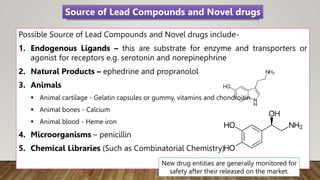 Possible Source of Lead Compounds and Novel drugs include-
1. Endogenous Ligands – this are substrate for enzyme and transporters or
agonist for receptors e.g. serotonin and norepinephrine
2. Natural Products – ephedrine and propranolol
3. Animals
 Animal cartilage - Gelatin capsules or gummy, vitamins and chondroitin
 Animal bones - Calcium
 Animal blood - Heme iron
4. Microorganisms – penicillin
5. Chemical Libraries (Such as Combinatorial Chemistry)
Source of Lead Compounds and Novel drugs
New drug entities are generally monitored for
safety after their released on the market.
 