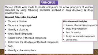 Various efforts were made to isolate and purify the active principles of various
remedies by using following principles involved in drug discovery & drug
development as:
General Principles Involved
 Choose a disease
 Choose a drug target
 Identify a bioassay.
 Find a lead compound
 Isolate & Purify the lead compound
 Determine the structure of the lead compound
 SARs
 Identify a pharmacophore
PRINCIPLE:
Miscellaneous Principles:
 Improve pharmacokinetic properties
 Study drug metabolism
 Tests for toxicity
 Design a manufacturing process
 Clinical trials
 