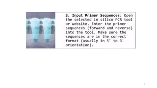 9
3. Input Primer Sequences: Open
the selected in silico PCR tool
or website. Enter the primer
sequences (forward and reverse)
into the tool. Make sure the
sequences are in the correct
format (usually in 5' to 3'
orientation).
 