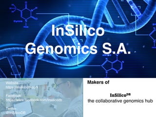 Website:
https://insilicodb.com
Facebook:
https://www.facebook.com/Insilicodb
Twitter:
@InSilicoDB
InSilicoDB
the collaborative genomics hub
Makers of
InSilico
Genomics S.A.
 
