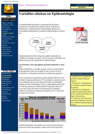 Variables clásicas en Epidemiología


                                        Temas->>Instrumentales introductorios                                                    Este tema es de nivel
                                                                                                                                     BASICO


                                        Variables clásicas en Epidemiología
        TEMA
INSTRUMENTALES
INTRODUCTORIOS
•Medir y clasificar
• Variables, escalas                    La epidemiología descriptiva se preocupa de describir y
•Error, sesgo                           caracterizar un problema de salud colectivo. Enumera la
•Los sesgos más                         distribución y magnitud de las enfermedades dentro de la
frecuentes                              comunidad considerando las variables epidemiológicas clásicas
•Variables clásicas                     de 1 :
en EPI
•Indicadores en salud
•Clasificación de
indicadores
•Atributos de un buen
indicador
•Ajuste de tasas
•Ajuste directo
•Ajuste indirecto
•Medidas de
frecuencia en EPI                       Independientemente del enfoque de análisis empleado, las
                                        variables de Tiempo, de Lugar y de las Personas conforman una
                                        plataforma básica de trabajo para la epidemiología.

                                        Las Personas: ¿Por qué algunas personas enferman y otras
                                        no?
                                        Según el problema en estudio, importa conocer características
  OTROS TEMAS                           de las personas como ser su edad, el sexo, la raza, nivel de
•Introductorios                         instrucción, su situación económica o condiciones genéticas.                      OBJETIVOS DE LA LECTURA
•Instrumentales
introductorios                                                                                                            1. Reconocer el conjunto de
                                        Estas características personales pueden agrupar diferente nivel
•Paradigmas                                                                                                               variables epidemiológicas
                                        de daño en algunas poblaciones. Por ejemplo, la caracterización
epidemiológicos                                                                                                           clásicas
                                        de la influencia del nivel de instrucción sobre la mortalidad
•Indicadores de                                                                                                           2. Reconocer su importancia
                                        infantil en Chile realizada por Vega y colaboradores para Chile
riesgo EPI                                                                                                                en el análisis epidemiológico
                                        en 1995 da cuenta de un diferencial de riesgo del orden de 6
•Investigación y EPI                                                                                                      en general.
                                        veces mas riesgo de muerte en el primer año al comparar
•Epidemiología                                                                                                            3. Identificar las diferentes
                                        madres sin instrucción respecto de aquellas con 13 o más años
descriptiva                                                                                                               categorías enmarcadas dentro
                                        de instrucción formal.
•Epidemiología                                                                                                            de las variables de tiempo, de
analítica                                                                                                                 lugar y de personas.
•Estudios                                                                                                                 4. Visualizar la existencia de
experimentales                                                                                                            relaciones implícitas entre las
                                                                                                                          tres variables epidemiológicas
                                                                                                                          clásicas.




                                        Atributos personales vinculados con el nivel socioeconómico,
                                        como ser el nivel de jerarquía o status social de las personas,

  file:///C|/Documents%20and%20Settings/Salud%20Publica/Escritorio/RecEpidem/INSINTROD5.HTM (1 de 5)30/08/2007 13:02:44
 