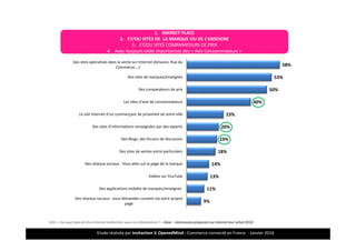 Etude réalisée par Insitaction & OpenedMind - Commerce connecté en France - Janvier 2016
Q33. « Sur quel type de sites Internet recherchez-vous ces informations ? » Base : Internautes préparant sur Internet leur achat (910)
58%
53%
50%
40%
23%
20%
19%
18%
14%
13%
11%
9%
Des sites spécialisés dans la vente sur Internet (Amazon, Rue du
Commerce,…)
Des sites de marques/enseignes
Des comparateurs de prix
Les sites d'avis de consommateurs
Le site Internet d’un commerçant de proximité de votre ville
Des sites d’informations renseignées par des experts
Des Blogs, des forums de discussion
Des sites de ventes entre particuliers
Des réseaux sociaux : Vous allez sur la page de la marque
Vidéos sur YouTube
Des applications mobiles de marques/enseignes
Des réseaux sociaux : vous demandez conseils via votre propre
page
9
Où se rendent nos consommateurs pour effectuer ces recherches?
1. MARKET PLACE
2. ET/OU SITES DE LA MARQUE OU DE L’ENSEIGNE
3. ET/OU SITES COMPARATEURS DE PRIX
4. Avec toujours cette importances des « Avis Consommateurs »
 