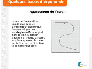 Quelques bases d’ergonomie
Agencement de l’écran
> lors de l'exploration
rapide d'un support
d'information quelconque,
l'usager adopte une
stratégie en Z. Le regard
part du coin supérieur
gauche de l'image, parcourt
systématiquement la zone
centrale et se termine dans
le coin inférieur droit.
 