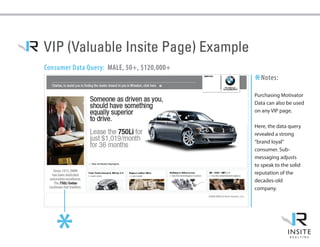 VIP (Valuable Insite Page) Example
Consumer Data Query: MALE, 50+, $120,000+

                                            *Notes:
                                            Purchasing Motivator
                                            Data can also be used
                                            on any VIP page.

                                            Here, the data query
                                            revealed a strong
                                            “brand loyal”
                                            consumer. Sub-
                                            messaging adjusts
                                            to speak to the solid
                                            reputation of the
                                            decades-old
                                            company.




    *
 