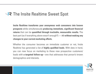 The Insite Realtime Sweet Spot

Insite Realtime transforms your anonymous web consumers into known
prospects while simultaneously producing immediate, significant financial
returns that can be quantified through trackable, measurable results. The
best part (as if everything above wasn’t enough?) — All without making any
changes to your current marketing efforts.

Whether the consumer becomes an immediate customer or not, Insite
Realtime has generated a list of highly qualified leads. With data in hand,
you can now focus on marketing to these new prospective customers/
leads with a targeted follow-up—one that addresses that person’s known
demographics and interests.
 