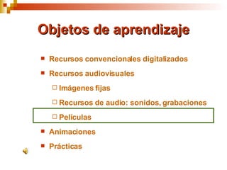 Objetos de aprendizaje Recursos convencionales digitalizados Recursos audiovisuales Imágenes fijas Recursos de audio: sonidos, grabaciones Películas Animaciones Prácticas 