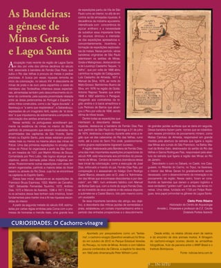 As Bandeiras:
                                                           de expedições partiu da Vila de São
                                                           Paulo rumo ao interior, no afã de en-
                                                           contrar as tão almejadas riquezas. A


a gênese de
                                                           decadência da indústria açucareira,
                                                           intensificada com concorrência do
                                                           açúcar antilhano e a necessidade
                                                           de substituir essa importante fonte


Minas Gerais                                               de recursos diminuiu a intensida-
                                                           de das expedições apresadoras e,
                                                           concomitantemente, incentivou a


e Lagoa Santa
                                                           formação de expedições explorado-
                                                           ras de metais. Nesse período, várias
                                                           bandeiras originárias de São Paulo
                                                           adentraram os sertões de Minas,

A    ocupação mais recente da região de Lagoa Santa
     se deu por volta dos últimos decênios do século
XVII, associada à bandeira de Fernão Dias Paes, que
                                                           Goiás e Matogrosso, destacando-se
                                                           a de Lourenço Castanho Taques, “o
                                                           Velho”, que por volta de 1668 abriu
subiu o Rio das Velhas à procura de metais e pedras        caminhos na região de Cataguazes;
preciosas. A busca por essas riquezas remonta ao           Luís Castanho de Almeida, 1671 e
início da colonização, no século XVI. A descoberta de      Manuel da Silva, 1676, ao norte do
minas de prata e de ouro pelos espanhóis a oeste do        Mato-Grosso; Bartolomeu Bueno da
meridiano das Tordesilhas inflamava essas expectati-       Silva, em 1676 na região de Goiás;
vas, alimentadas também pelo desconhecimento do in-        Antonio Raposo Tavares que entre
terior do continente, pela suposta proximidade relatada    1648 e 1652 adentrou o Paraguai,
entre as áreas pertencentes às Portugal e Espanha e        chegando aos contrafortes da re-
pelos mitos construídos, como o da “lagoa dourada”, a      gião andina e à bacia amazônica e
Itaverauçu e “a serra que resplandece”, a Sabarabuçu,      Luis Pedroso de Barros que alcan-
expressões de um imaginário fértil, repleto de “el dora-   çou o Peru por volta de 1656, sendo
dos” e que impulsionou de sobremaneira a empreita de       vítima de tribos locais.
colonização dos sertões americanos.                             Dentre todas as expedições que
     Nesse sentido, os portugueses acreditavam pia-        intentaram a descoberta dessas
mente na existência de minas no interior do Brasil,        riquezas, destaca-se a bandeira de Fernão Dias Pais          de grandes jazidas auríferas que se daria em seguida.
partindo do pressuposto que estariam localizadas nas       que, partindo de São Paulo do Piratininga a 21 de julho      Dessa bandeira faziam parte nomes que se notabiliza-
proximidades das capitanias de São Vicente, Santo          de 1674, desbravou e explorou durante sete anos a re-        riam nesses primórdios de povoamento mineiro, como
Amaro ou Espírito Santo, pois essas estariam posicio-      gião que vai das cabeceiras do Rio das Velhas, rumo          Matias Cardoso de Almeida, responsável em grande
nadas mais ou menos na mesma altura das minas do           norte, até a zona do Serro Frio onde, posteriormente,        medida pela abertura da estrada que ligaria a região
Potosí. Uma das primeiras expedições no encalço das        outros grupos exploradores lograriam sucesso.                das Minas aos currais do São Francisco, na Bahia; Ma-
minas do Potosí foi organizada a partir de São Vicen-           A região desbravada pela Bandeira de Fernão Dias,       nuel da Borba Gato, desbravador do sertão do Rio das
te, em meados de 1531, por Martim Afonso de Souza.         uma das mais importantes expedições prospectoras do          Velhas e Garcia Rodrigues Pais, responsável pela aber-
Comandada por Pero Lobo, não logrou alcançar seus          século XVII, está relacionada aos primórdios do povoa-       tura da estrada que ligaria a região das Minas ao Rio
objetivos, sendo dizimada pelas tribos indígenas ser-      mento de Minas. Cenário de eventos dramáticos dessa          de Janeiro.
ranas. Posteriormente outras expedições com esse fim       fase inicial da colonização, como a execução de José              Descoberto o ouro no Sabará, no Caeté, nos Cata-
seriam organizadas, partindo a maioria delas do litoral    Dias, enforcado a mando do pai, Fernão Dias Pais, por        guases, no Ribeirão do Carmo, no Tripuí, na Itaverava,
baiano ou através do Rio Doce, cuja foz se encontrava      conspiração e o assassinato do fidalgo Dom Rodrigo           o interior das Minas Gerais foi gradativamente sendo
na capitania do Espírito Santo.                            Castel Blanco, elevado pelo rei D. João I a “Administra-     devassado, com o desenvolvimento da mineração e do
     Dessa fase inicial, destacam-se as expedições de      dor das Minas que encontrasse descobertas e por des-         povoamento da região. Nesse rastro, foram se cons-
Francisco Bruza Espinosa, 1553; Martim de Carvalho,        cobrir”, em 1861, num entrevero fatídico com Manuel          tituindo as fazendas que dariam o amparo logístico a
1567; Sebastião Fernandes Tourinho, 1572; Antônio          da Borba Gato que, com a morte do sogro Fernão Dias,         esse verdadeiro “golden rush” que se deu nas terras mi-
Dias, 1572 e Marcos de Azeredo, 1596 e 1611. Embo-         se via investido de seus poderes e não estava disposto       neiras. Uma delas, fundada em 1733 por Felipe Rodri-
ra os achados dessa fase tenham sido irrisórios, foram     a submeter-se a Castel Blanco, tido pelo mesmo como          gues, teria papel primordial na gênese de Lagoa Santa.
fundamentais para manter viva a fé nas riquezas escon-     um usurpador.
didas do interior.                                              Se essa importante bandeira não atingiu seu obje-                                         Cleito Pinto Ribeiro
     A partir da segunda metade do século XVII, estimu-    tivo, a descoberta das míticas jazidas de esmeraldas e                         Historiador do Centro de Arqueologia
ladas por cartas régias emitidas pela Coroa com a pro-     prata, estabeleceu um contato importantíssimo entre o               Annette L. Emperaire e professor da E.E. Cecília
messa de honrarias e mercês reais, uma grande leva         período das entradas prospectoras e o descobrimento                                        Dolabela Portela Azeredo



  CURIOSIDADES: O cachorro-vinagre
                                                                 Apontado por pesquisadores como um "fantas-                 Desde então, os relatos oficiais eram de rastros
                                                              ma", o cachorro-vinagre (Speothos venaticus) foi filma-    e do encontro de dois animais mortos. A filmagem
                                                              do em outubro de 2012 no Parque Estadual Veredas           do cachorro-vinagre ocorreu devido às armadilhas
                                                              do Peruaçu, no norte de Minas. Arredio e com hábitos       fotográficas, fruto da parceria entre o WWF-Brasil e o
                                                              poucos conhecidos da Ciência, a espécie foi descrita       Instituto Biotrópicos.
                                                              em 1842 pelo dinamarquês Peter Wilhelm Lund.                                          Fonte: noticias.terra.com.br



                                                                                                                        9 ... IN-SITU
 