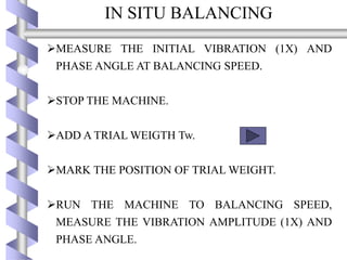 IN SITU BALANCING
MEASURE THE INITIAL VIBRATION (1X) AND
PHASE ANGLE AT BALANCING SPEED.
STOP THE MACHINE.
ADD A TRIAL WEIGTH Tw.
MARK THE POSITION OF TRIAL WEIGHT.
RUN THE MACHINE TO BALANCING SPEED,
MEASURE THE VIBRATION AMPLITUDE (1X) AND
PHASE ANGLE.
 