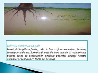 GESTIÓN DIRECTIVA: LA RAÍZ La raíz del trupillo es fuerte, cada día busca afianzarse más en la tierra, consagrando de esta forma la firmeza de la Institución. Si mantenemos buenas bases de organización directiva podemos edificar nuestro quehacer pedagógico en todos sus ámbitos. 