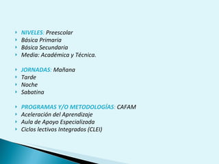 NIVELES :  Preescolar Básica Primaria Básica Secundaria Media: Académica y Técnica.   JORNADAS :  Mañana Tarde Noche Sabatina PROGRAMAS Y/O METODOLOGÍAS :  CAFAM Aceleración del Aprendizaje Aula de Apoyo Especializada Ciclos lectivos Integrados (CLEI) 