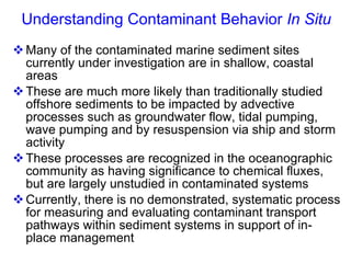 Understanding Contaminant Behavior  In Situ Many of the contaminated marine sediment sites currently under investigation are in shallow, coastal areas These are much more likely than traditionally studied offshore sediments to be impacted by advective processes such as groundwater flow, tidal pumping, wave pumping and by resuspension via ship and storm activity  These processes are recognized in the oceanographic community as having significance to chemical fluxes, but are largely unstudied in contaminated systems Currently, there is no demonstrated, systematic process for measuring and evaluating contaminant transport pathways within sediment systems in support of in-place management 