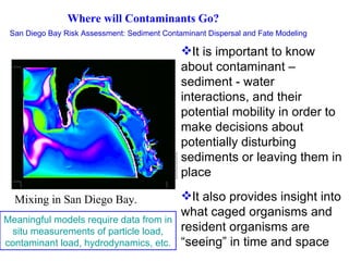 San Diego Bay Risk Assessment: Sediment Contaminant Dispersal and Fate Modeling It is important to know about contaminant – sediment - water interactions, and their potential mobility in order to make decisions about potentially disturbing sediments or leaving them in place It also provides insight into what caged organisms and resident organisms are “seeing” in time and space Mixing in San Diego Bay. Where will Contaminants Go? Meaningful models require data from in situ measurements of particle load, contaminant load, hydrodynamics, etc. 
