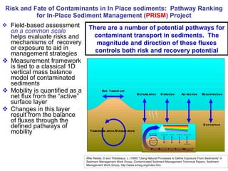 Risk and Fate of Contaminants in In Place sediments:  Pathway Ranking for In-Place Sediment Management ( PRISM ) Project Field-based assessment  on a common scale  helps evaluate risks and mechanisms of  recovery or exposure to aid in management strategies Measurement framework is tied to a classical 1D vertical mass balance model of contaminated sediments  Mobility is quantified as a net flux from the “active” surface layer Changes in this layer result from the balance of fluxes through the defined pathways of mobility After Reible, D and Thibideaux, L (1999) "Using Natural Processes to Define Exposure From Sediments" in Sediment Management Work Group; Contaminated Sediment Management Technical Papers, Sediment Management Work Group, http://www.smwg.org/index.htm.  There are a number of potential pathways for contaminant transport in sediments.  The magnitude and direction of these fluxes controls both risk and recovery potential 