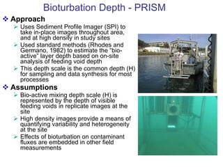 Bioturbation Depth - PRISM Approach Uses Sediment Profile Imager (SPI) to take in-place images throughout area, and at high density in study sites Used standard methods (Rhodes and Germano, 1982) to estimate the “bio-active” layer depth based on on-site analysis of feeding void depth This depth scale is the common depth (H) for sampling and data synthesis for most processes Assumptions Bio-active mixing depth scale (H) is represented by the depth of visible feeding voids in replicate images at the site High density images provide a means of quantifying variability and heterogeneity at the site Effects of bioturbation on contaminant fluxes are embedded in other field measurements 