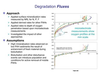 Approach Applied surface mineralization rates measured by NRL for N, P, F Applied derived rates for other PAHs Applied rates to depth of oxygen penetration based upon microelectrode measurements Investigated the impact of other approaches Assumptions High mineralization rates observed on low PAH sediments the result of entrainment of fresh material during bioturbation Bioturbation and other disturbance events can introduce population and conditions for active removal of mobile PAHs Degradation  Fluxes microelectrode measurements show oxygen profiles at the mm scale 