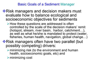Basic Goals of a Sediment  Manager Risk managers and decision makers must evaluate how to balance ecological and socioeconomic objectives for sediments  How these questions are addressed is often controlled by the scale of the decision makers’ remit  (hotspot, stream, river basin,  harbor, catchment…), as well as what he/she is mandated to protect (water, fisheries, human health, navigation, global change…) Risk managers often have two parallel (but possibly competing) drivers: minimizing risk (to the environment and human health, socioeconomic goals, etc) and  minimizing cost  