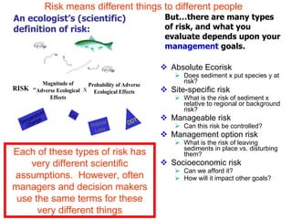 Absolute Ecorisk Does sediment x put species y at risk? Site-specific risk What is the risk of sediment x relative to regional or background risk? Manageable risk Can this risk be controlled? Management option risk What is the risk of leaving sediments in place vs. disturbing them? Socioeconomic risk Can we afford it? How will it impact other goals? An ecologist’s (scientific) definition of risk: But…there are many types of risk, and what you evaluate depends upon your  management  goals. Each of these types of risk has very different scientific assumptions.  However, often managers and decision makers use the same terms for these very different things Risk means different things to different people 