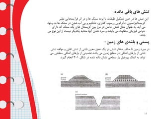 ‫مانده‬ ‫باقی‬ ‫های‬ ‫تنش‬:
‫نظیر‬ ‫فرآیندهایی‬ ‫اثر‬ ‫در‬ ‫و‬ ‫ها‬ ‫سنگ‬ ‫توده‬ ‫یا‬ ‫طبقات‬ ‫تشکیل‬ ‫حین‬ ‫در‬ ‫ها‬ ‫تنش‬ ‫این‬
‫کریستالیزاسیون‬.‫دگرگونی‬,‫گذاری‬ ‫رسوب‬,‫وجود‬ ‫به‬ ‫ها‬ ‫سنگ‬ ‫در‬ ‫شدن‬ ‫آب‬ ‫بی‬ ‫و‬ ‫تحکیم‬
‫آید‬ ‫می‬.‫دارای‬ ‫که‬ ‫سنگ‬ ‫یک‬ ‫های‬ ‫کریستال‬ ‫بین‬ ‫مرز‬ ‫در‬ ‫حاصل‬ ‫تنش‬ ‫مثال‬ ‫عنوان‬ ‫به‬
‫ا‬ ‫از‬ ‫نیست‬ ‫یکدیگر‬ ‫مشابه‬ ‫آنها‬ ‫شدن‬ ‫سرد‬ ‫و‬ ‫بایشد‬ ‫می‬ ‫متفاوت‬ ‫فیزیکی‬ ‫خواص‬‫می‬ ‫نوع‬ ‫ین‬
‫باشد‬.
‫زمین‬ ‫های‬ ‫بلندی‬ ‫و‬ ‫پستی‬:
‫صاف‬ ‫نا‬ ‫زمین‬ ‫مورد‬ ‫در‬,‫تنش‬ ‫مولفه‬ ‫و‬ ‫ثقلی‬ ‫تنش‬ ‫از‬ ‫ناشی‬ ‫معین‬ ‫عمق‬ ‫یک‬ ‫در‬ ‫تنش‬ ‫مقدار‬
‫باشد‬ ‫می‬ ‫زمین‬ ‫سطح‬ ‫در‬ ‫اضافی‬ ‫بارهای‬ ‫از‬ ‫ناشی‬.‫سطحی‬ ‫اضافی‬ ‫بارهای‬ ‫از‬ ‫تخمینی‬‫می‬
‫شکل‬ ‫در‬ ‫شده‬ ‫داده‬ ‫نشان‬ ‫سطحی‬ ‫بار‬ ‫پروفیل‬ ‫کمک‬ ‫به‬ ‫تواند‬1-3‫گیرد‬ ‫انجام‬.
14
 