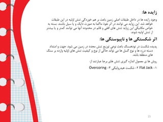 ‫ها‬ ‫زایده‬:
‫طبقات‬ ‫این‬ ‫در‬ ‫اولیه‬ ‫تنش‬ ‫خوردگی‬ ‫هم‬ ‫بر‬ ‫باعث‬ ‫زمین‬ ‫اصلی‬ ‫طبقات‬ ‫داخل‬ ‫در‬ ‫ها‬ ‫زایده‬ ‫وجود‬
‫شد‬ ‫خواهد‬.‫باشند‬ ‫سیل‬ ‫یا‬ ‫و‬ ‫دایک‬ ‫صورت‬ ‫به‬ ‫ماگما‬ ‫نفوذ‬ ‫اثر‬ ‫در‬ ‫توانند‬ ‫می‬ ‫زواید‬ ‫این‬.‫ب‬‫به‬ ‫سته‬
‫یا‬ ‫و‬ ‫کمتر‬ ‫توانند‬ ‫می‬ ‫آنها‬ ‫محدوده‬ ‫در‬ ‫قائم‬ ‫و‬ ‫افقی‬ ‫های‬ ‫تنش‬ ‫زواید‬ ‫این‬ ‫مکانیکی‬ ‫خواص‬‫بیشتر‬
‫شوند‬ ‫اولیه‬ ‫تنش‬ ‫از‬.
‫ها‬ ‫ناپیوستگی‬ ‫و‬ ‫ها‬ ‫شکستگی‬ ‫اثر‬:
‫شود‬ ‫می‬ ‫زمین‬ ‫در‬ ‫مجدد‬ ‫تنش‬ ‫توزیع‬ ‫نوعی‬ ‫باعث‬ ‫تودهسنگ‬ ‫در‬ ‫شکست‬ ‫پدیده‬.‫امتد‬ ‫و‬ ‫جهت‬‫اد‬
‫س‬ ‫بر‬ ‫وارده‬ ‫اولیه‬ ‫های‬ ‫تنش‬ ‫کیفیت‬ ‫و‬ ‫نوع‬ ‫از‬ ‫حاکی‬ ‫تواند‬ ‫می‬ ‫ها‬ ‫گسل‬ ‫نوع‬ ‫و‬ ‫ها‬ ‫درزه‬ ‫دسته‬‫نگ‬
‫باشد‬ ‫منطقه‬ ‫های‬.
‫از‬ ‫عبارتند‬ ‫برجا‬ ‫های‬ ‫تنش‬ ‫گیری‬ ‫اندازه‬ ‫معمول‬ ‫ی‬ ‫ها‬ ‫روش‬:
1-Flat Jack2-‫هیدرولیکی‬ ‫شکست‬3-Overcoring
15
 