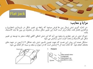 ‫مزایا‬‫و‬‫معایب‬:
-‫در‬‫اندازه‬‫گیری‬‫تنش‬‫نرمال‬‫پین‬‫ها‬‫فرض‬‫میشود‬‫که‬‫رابطه‬‫ی‬‫تغییر‬‫شکل‬‫در‬‫باربرداری‬(‫حفاری‬)‫و‬
‫بارگذاری‬(‫فشار‬‫فلت‬‫جک‬)‫برابر‬‫است‬‫البته‬‫این‬‫تغییر‬‫شکل‬‫سنگ‬‫در‬‫محدوده‬‫ی‬‫پین‬‫ها‬‫باید‬‫ا‬‫الستیک‬
‫باشد‬.
-‫تمرکز‬‫تنش‬‫در‬‫دور‬‫حفاری‬‫به‬‫وجود‬‫می‬‫آید‬‫که‬‫این‬‫تنش‬‫اضافی‬‫گاهی‬‫اوقات‬‫منجر‬‫به‬‫توسعه‬‫ی‬‫ت‬‫غییر‬
‫شکل‬‫غیر‬‫االستیک‬‫و‬‫باعث‬‫خراب‬‫شدن‬‫آزمایش‬‫می‬‫شود‬
-‫مشکل‬‫عمده‬‫این‬‫روش‬‫این‬‫هست‬‫که‬‫جهت‬‫تعیین‬‫تانسور‬‫تنش‬‫باید‬‫حداقل‬6‫تا‬‫ازمون‬‫در‬‫جهت‬‫های‬
‫مختلف‬‫انجام‬‫شود‬‫که‬‫حالت‬‫ایده‬‫آل‬9‫ازمایش‬‫است‬‫که‬‫در‬‫دیواره‬‫و‬‫سقف‬‫و‬‫سینه‬‫کار‬‫انجام‬‫می‬‫شود‬
Flat jack
25
 