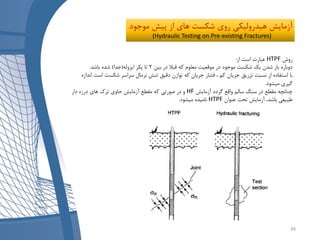 ‫پیش‬ ‫از‬ ‫های‬ ‫شکست‬ ‫روی‬ ‫هیدرولیکی‬ ‫آزمایش‬‫موج‬‫ود‬
(Hydraulic Testing on Pre-existing Fractures)
‫روش‬HTPF‫از‬ ‫است‬ ‫عبارت‬:
‫بین‬ ‫در‬ ‫قبال‬ ‫که‬ ‫معلوم‬ ‫موقعیت‬ ‫در‬ ‫موجود‬ ‫شکست‬ ‫یک‬ ‫شدن‬ ‫باز‬ ‫دوباره‬2‫ایزوله‬ ‫پکر‬ ‫تا‬(‫جدا‬)‫باشد‬ ‫شده‬.
‫اس‬ ‫شکست‬ ‫سراسر‬ ‫نرمال‬ ‫تنش‬ ‫دقیق‬ ‫توازن‬ ‫که‬ ‫جریان‬ ‫فشار‬ ، ‫کم‬ ‫جریان‬ ‫تزریق‬ ‫نسبت‬ ‫از‬ ‫استفاده‬ ‫با‬‫اندازه‬ ‫ت‬
‫میشود‬ ‫گیری‬.
‫آزمایش‬ ‫گردد‬ ‫واقع‬ ‫سالم‬ ‫سنگ‬ ‫در‬ ‫مقطع‬ ‫چنانچه‬HF‫دار‬ ‫درزه‬ ‫های‬ ‫ترک‬ ‫حاوی‬ ‫آزمایش‬ ‫مقطع‬ ‫که‬ ‫صورتی‬ ‫در‬ ‫و‬
‫عنوان‬ ‫تحت‬ ‫آزمایش‬ ،‫باشد‬ ‫طبیعی‬HTPF‫میشود‬ ‫نامیده‬.
34
 