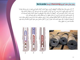 4-‫شوند‬ ‫می‬ ‫راهنما‬ ‫گمانه‬ ‫وارد‬ ‫که‬ ‫سنج‬ ‫کرنش‬ ‫گیجهای‬ ‫با‬ ‫همگام‬ ‫میله‬ ‫نوک‬ ‫سازی‬ ‫آزاد‬.‫می‬ ‫مرحله‬ ‫این‬ ‫در‬‫با‬ ‫له‬
‫نصب‬ ‫ابزار‬ ‫از‬ ‫هایی‬ ‫ضامن‬ ‫کردن‬ ‫آزاد‬‫آزاد‬‫م‬ ‫راستای‬ ‫نتیجه‬ ‫در‬ ‫که‬ ‫شود‬ ‫می‬ ‫ثابت‬ ‫نیز‬ ‫کمپاس‬ ‫و‬ ‫گردد‬ ‫می‬‫یله‬
‫کند‬ ‫می‬ ‫گیری‬ ‫اندازه‬ ‫را‬ ‫شده‬ ‫نصب‬.‫چسبید‬ ‫راهنما‬ ‫گمانه‬ ‫دیواره‬ ‫به‬ ‫مخروطی‬ ‫نوک‬ ‫فشار‬ ‫اثر‬ ‫در‬ ‫گیجها‬‫اند‬ ‫ه‬
5-‫سطح‬ ‫به‬ ‫ها‬ ‫آن‬ ‫آوردن‬ ‫و‬ ‫نصب‬ ‫ابزار‬ ‫ساختن‬ ‫خارج‬.‫دارد‬ ‫قرار‬ ‫خود‬ ‫جای‬ ‫سر‬ ‫میله‬ ‫هنگام‬ ‫این‬ ‫در‬.
6-‫شود‬ ‫محکم‬ ‫کامال‬ ‫داد‬ ‫اجازه‬ ‫باید‬ ‫چسب‬ ‫به‬(‫است‬ ‫شده‬ ‫مشخص‬ ‫پیش‬ ‫از‬ ‫زمان‬ ‫این‬.)‫میل‬ ‫بازیابی‬ ‫سپس‬‫ثبت‬ ‫و‬ ‫ه‬
‫داده‬ ‫کننده‬ ‫جمع‬ ‫یک‬ ‫از‬ ‫استفاده‬ ‫با‬ ‫کرنشها‬.‫و‬ ‫شکسته‬ ‫گیری‬ ‫مغزه‬ ‫بیش‬ ‫ساختن‬ ‫کامل‬ ‫از‬ ‫پس‬ ‫را‬ ‫مغزه‬‫مغزه‬ ‫باید‬
‫رساند‬ ‫سطح‬ ‫به‬ ‫را‬ ‫شده‬ ‫شکسته‬.
‫گیری‬ ‫مغزه‬ ‫بیش‬ ‫روش‬(Overcoring)‫توسط‬Borre probe
42
 