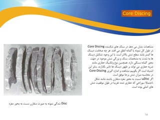 ‫شکننده‬ ‫های‬ ‫سنگ‬ ‫در‬ ‫دهد‬ ‫می‬ ‫نشان‬ ‫مشاهدات‬Core Discing
‫افتد‬ ‫می‬ ‫اتفاق‬ ‫گمانه‬ ‫یا‬ ‫نمونه‬ ‫کل‬ ‫طول‬ ‫در‬.‫دیس‬ ‫ضخامت‬ ‫چه‬ ‫هر‬‫ک‬
‫است‬ ‫باالتر‬ ‫تنش‬ ‫سطح‬ ‫باشد‬ ‫کمتر‬ ‫ها‬.‫تشکیل‬ ‫وجود‬ ‫این‬ ‫با‬‫دیسک‬
‫جهت‬ ‫در‬ ‫موجود‬ ‫تنش‬ ‫بزرگی‬ ‫و‬ ‫سنگ‬ ‫مشخصات‬ ‫به‬ ‫شدت‬ ‫به‬ ‫ها‬
‫دارد‬ ‫بستگی‬ ‫گمانه‬ ‫محور‬.‫مانن‬ ‫حفاری‬ ‫وتکنیک‬ ‫نوع‬ ‫همچنین‬‫د‬
‫بگذارند‬ ‫تاثیر‬ ‫ها‬ ‫دیسک‬ ‫ظهور‬ ‫بر‬ ‫تواند‬ ‫می‬ ‫حفاری‬ ‫ضربه‬.‫ب‬‫این‬ ‫نابر‬
‫گیری‬ ‫اندازه‬ ‫و‬ ‫مشاهده‬ ‫بگوییم‬ ‫اگر‬ ‫است‬ ‫اشتباه‬Core Discing
‫است‬ ‫موفق‬ ‫برجا‬ ‫تنش‬ ‫میزان‬ ‫محاسبه‬ ‫در‬.
‫اگر‬Disc‫شکل‬ ‫مانند‬ ‫باشند‬ ‫متقارن‬ ‫مغزه‬ ‫محور‬ ‫به‬ ‫نسبت‬ ‫ها‬
‫تنش‬ ‫موقعیت‬ ‫طول‬ ‫در‬ ‫تقریبا‬ ‫شده‬ ‫حفاری‬ ‫که‬ ‫سوراخی‬ ‫،احتماال‬
‫است‬ ‫بوده‬ ‫اصلی‬ ‫های‬.
Disc‫م‬ ‫محور‬ ‫به‬ ‫نسبت‬ ‫متقارن‬ ‫صورت‬ ‫به‬ ‫نمونه‬ ‫شدگی‬‫غزه‬
Core Discing
56
 