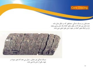 ‫داده‬ ‫نشان‬ ‫شکل‬ ‫در‬ ‫که‬ ‫همانطور‬ ، ‫شدگی‬ ‫دیسک‬ ‫در‬ ‫تقارن‬ ‫عدم‬
‫وج‬ ‫برشی‬ ‫تنش‬ ‫یک‬ ‫گمانه‬ ‫محور‬ ‫طول‬ ‫در‬ ‫که‬ ‫دهد‬ ‫می‬ ‫نشان‬ ‫شده‬‫ود‬
‫باشد‬ ‫نمی‬ ‫اصلی‬ ‫های‬ ‫تنش‬ ‫جهت‬ ‫در‬ ‫گمانه‬ ‫محور‬ ‫اینکه‬ ‫و‬ ‫دارد‬.
‫در‬ ‫نمونه‬ ‫محور‬ ‫که‬ ‫دهد‬ ‫می‬ ‫نشان‬ ، ‫متقارن‬ ‫غیر‬ ‫شدگی‬ ‫دیسک‬
‫باشد‬ ‫نمی‬ ‫ها‬ ‫تنش‬ ‫از‬ ‫یکی‬ ‫جهت‬.
Core Discing
58
 