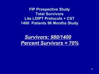 FIP Prospective Study
Total Survivors
Lite LDIPT Protocols + CST
1400 Patients 96 Months Study
Survivors: 980/1400
Percent...