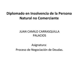 Diplomado en Insolvencia de la Persona
Natural no Comerciante
JUAN CAMILO CARRASQUILLA
PALACIOS
Asignatura:
Proceso de Negociación de Deudas.
 