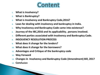 1. What is Insolvency?
2. What is Bankruptcy?
3. What is Insolvency and Bankruptcy Code,2016?
4. Laws for dealing with insolvency and bankruptcy in India.
5. Why Insolvency and Bankruptcy Code came into existence?
6. Journey of the IBC,2016 and its applicability , persons involved.
7. Different parties associated with Insolvency and Bankruptcy Code.
8. INSOLVENCY RESOLUTION PROCESS
9. What does it change for the lenders?
10. What does it change for the borrowers?
11. Advantages and Critique of the bankruptcy code
12. Way Forward
13. Changes in Insolvency and Bankruptcy Code (Amendment) Bill, 2017
14. Conclusion
 