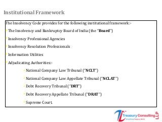Institutional Framework
The Insolvency Code provides for the following institutional framework:-
The Insolvency and Bankruptcy Board of India (the “Board”)
Insolvency Professional Agencies
Insolvency Resolution Professionals
Information Utilities
Adjudicating Authorities:-
National Company Law Tribunal (“NCLT”)
National Company Law Appellate Tribunal (“NCLAT”)
Debt Recovery Tribunal (“DRT”)
Debt Recovery Appellate Tribunal (“DRAT”)
Supreme Court.
 