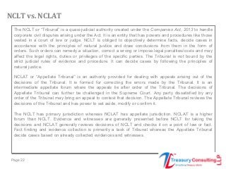 Page 22
The NCLT or “Tribunal” is a quasi-judicial authority created under the Companies Act, 2013 to handle
corporate civil disputes arising under the Act. It is an entity that has powers and procedures like those
vested in a court of law or judge. NCLT is obliged to objectively determine facts, decide cases in
accordance with the principles of natural justice and draw conclusions from them in the form of
orders. Such orders can remedy a situation, correct a wrong or impose legal penalties/costs and may
affect the legal rights, duties or privileges of the specific parties. The Tribunal is not bound by the
strict judicial rules of evidence and procedure. It can decide cases by following the principles of
natural justice.
NCLAT or “Appellate Tribunal” is an authority provided for dealing with appeals arising out of the
decisions of the Tribunal. It is formed for correcting the errors made by the Tribunal. It is an
intermediate appellate forum where the appeals lie after order of the Tribunal. The decisions of
Appellate Tribunal can further be challenged in the Supreme Court. Any party dissatisfied by any
order of the Tribunal may bring an appeal to contest that decision. The Appellate Tribunal reviews the
decisions of the Tribunal and has power to set aside, modify or confirm it.
The NCLT has primary jurisdiction whereas NCLAT has appellate jurisdiction. NCLAT is a higher
forum than NCLT. Evidence and witnesses are generally presented before NCLT for taking the
decisions and NCLAT generally reviews decisions of NCLT and checks it on a point of law or fact.
Fact finding and evidence collection is primarily a task of Tribunal whereas the Appellate Tribunal
decide cases based on already collected evidences and witnesses.
NCLT vs. NCLAT
 