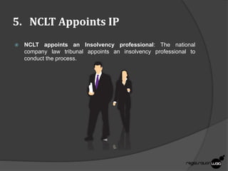 5. NCLT Appoints IP
 NCLT appoints an Insolvency professional: The national
company law tribunal appoints an insolvency professional to
conduct the process.
 