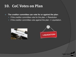 10. CoC Votes on Plan
 The creditor committee can vote for or against the plan:
 If the creditor committee vote for the plan -> Resolution
 If the creditor committee vote against the plan -> Liquidation.
 