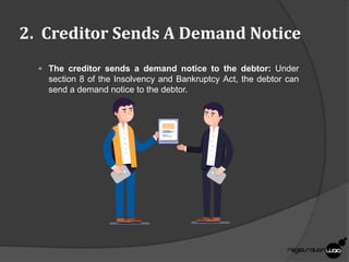 2. Creditor Sends A Demand Notice
 The creditor sends a demand notice to the debtor: Under
section 8 of the Insolvency and Bankruptcy Act, the debtor can
send a demand notice to the debtor.
 