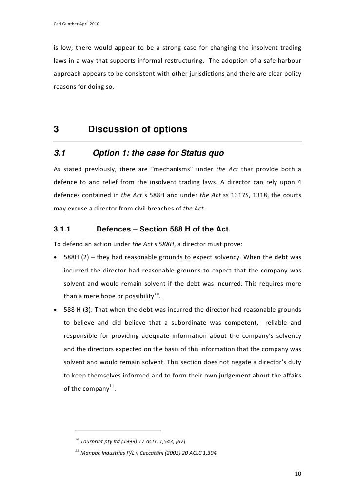 Insolvent trading safe harbour options paper