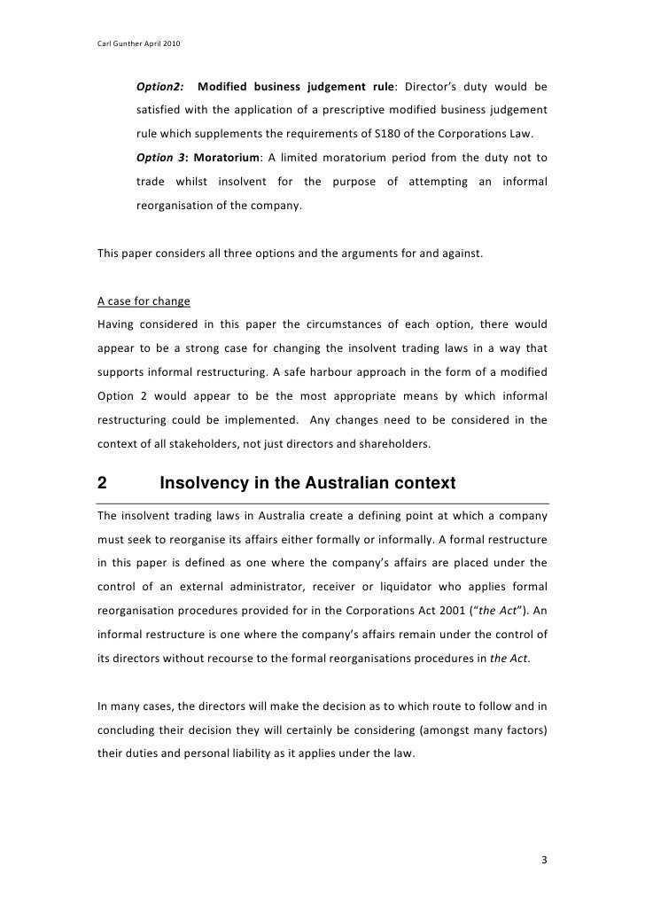Insolvent trading safe harbour options paper