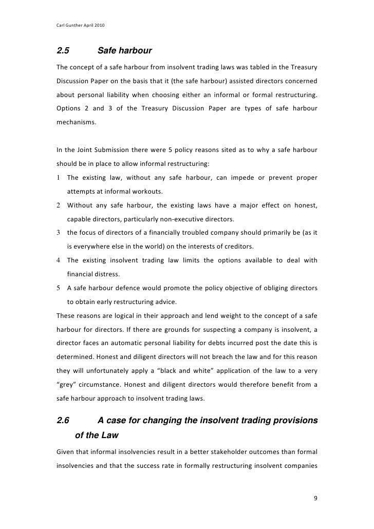 Insolvent trading safe harbour options paper