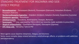 STANDARD TREATMENT FOR INSOMNIA AND SIDE-
EFFECT PROFILE
• Benzodiazepines – Temazepam (Restoril), Flurazepam (Dalmane), E...