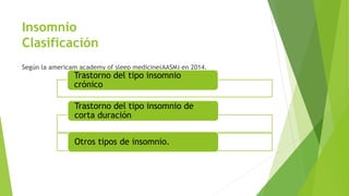 Insomnio
Clasificación
Según la americam academy of sleep medicine(AASM) en 2014.
Trastorno del tipo insomnio
crónico
Trastorno del tipo insomnio de
corta duración
Otros tipos de insomnio.
 