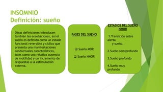 INSOMNIO
Definición: sueño
Otras definiciones introducen
también las ensoñaciones, así el
sueño es definido como un estado
funcional reversible y cíclico que
presenta una manifestaciones
conductuales características,
tales como una relativa ausencia
de motilidad y un incremento de
respuestas a la estimulación
externa.
FASES DEL SUEÑO
 Sueño MOR
 Sueño NMOR
ESTADIOS DEL SUEÑO
NMOR
1.Transición entre
alerta
y sueño.
2.Sueño semiprofundo
3.Sueño profundo
4.Sueño muy
profundo
 