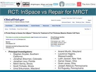 @thearmclinic
RCT: InSpace vs Repair for MRCT
• Principal Investigators:
• Stephen Snyder, Southern
California

• Jonathan Bravman, Colorado

• Jonathan Levy, Florida

• Nikhil Verma, Illinois

• Scott Trnhaile, Illinois

• Uma Srikumaran, Maryland

• Anand Murthi, Maryland

• Laurence Higgins,
Massachusetts

• Laith Jazwari, New York

• Samer Hasan, Ohio

• Grant Jones, Ohio

• Joseph Abboud, Pennsylvania

• Ed Rugusky, Pennsylvania
 