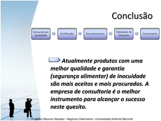   Atualmente produtos com uma melhor qualidade e garantia (segurança alimentar) de inocuidade são mais aceitos e mais procurados. A empresa de consultoria é o melhor instrumento para alcançar o sucesso neste quesito. Conclusão 