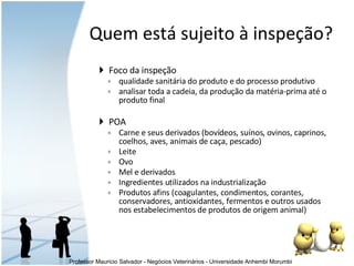 Foco da inspeção  qualidade sanitária do produto e do processo produtivo analisar toda a cadeia, da produção da matéria-prima até o produto final POA Carne e seus derivados (bovídeos, suínos, ovinos, caprinos, coelhos, aves, animais de caça, pescado) Leite Ovo Mel e derivados Ingredientes utilizados na industrialização Produtos afins (coagulantes, condimentos, corantes, conservadores, antioxidantes, fermentos e outros usados nos estabelecimentos de produtos de origem animal) Quem est á  sujeito à inspeção? 