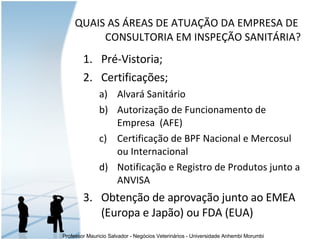 Pré-Vistoria; Certificações; Alvará Sanitário Autorização de Funcionamento de Empresa  (AFE) Certificação de BPF Nacional e Mercosul ou Internacional Notificação e Registro de Produtos junto a ANVISA Obtenção de aprovação junto ao EMEA (Europa e Japão) ou FDA (EUA) QUAIS AS ÁREAS DE ATUAÇÃO DA EMPRESA DE  CONSULTORIA EM INSPEÇÃO SANITÁRIA? 